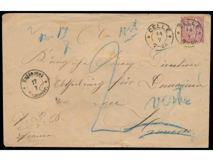 1 Gr. auf übergewichtigem Brief mit Hannover-K2  Celle  14.7.(1871) nach Hannover, blauer Taxvermerk 2 Gr. und handschriftlic