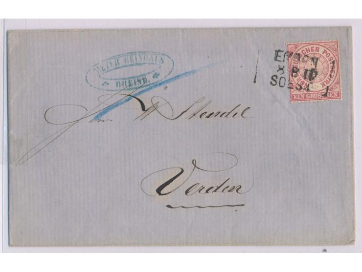 Bahnpost-L3 &nbsp;Emden 8.8. II Soest &nbsp;auf Faltbriefhülle mit 1 Gr. aus Rheine nach Verden
Stichwort: Bahnpost
Postleitz