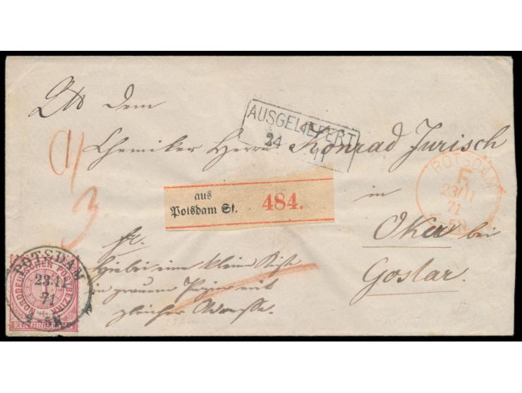 Paketbegleitbrief   mit  Teilbarfrankatur  aus Potsdam nach Oker bei Goslar  mit 1 Gr.-Marke,  Stempel  Potsdam  23.11.71 und