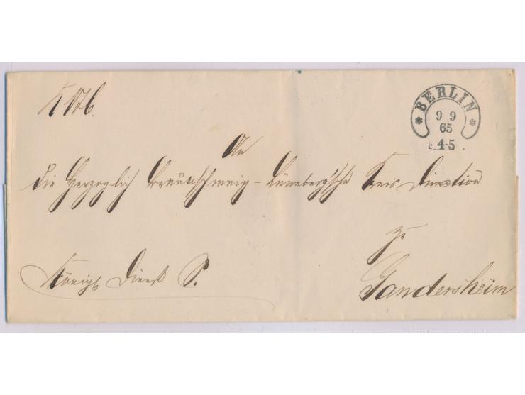 Hufeisenstempel  Berlin  9.9.65, Spalink Nr. 1, neues  Spätdatum,  auf Dienstbriefhülle nach Gandersheim, Ankunftstempel 10.9