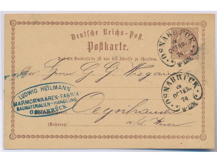 Osnabrück,  Hufeisenstempel mit Zierpunkten 19.10.1874, 2 Abschläge auf Ganzsache 1 Gr nach Oeynhausen, Spalink Nr. 30-1
Post