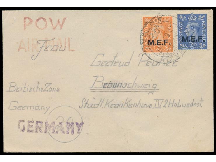 BOFIC (M.E.F.):  2 d. und 2 1/2 d. mit Aufdruck M.E.F. auf  Kriegsgefangenen-Luftpostbrief  nach Deutschland, Stempel  Bengha