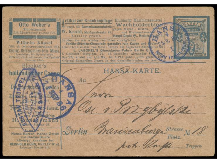 Berlin,  Hansa (I):  Anzeigen-Postkarte  2 Pf. (Müller P 18.1), Stempel Hansa 4 25.9.86, Ankunftstempel 25.9.86, Bedarf
Stich