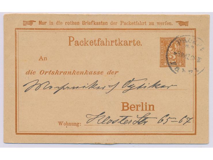 Berlin, Packetfahrt,  Ganzsachen-Doppelkarte auf Privatbestellung mit Wertstempel "Bär im Oval" 2 Pf.  + 2 Pf., Ortskrankenka