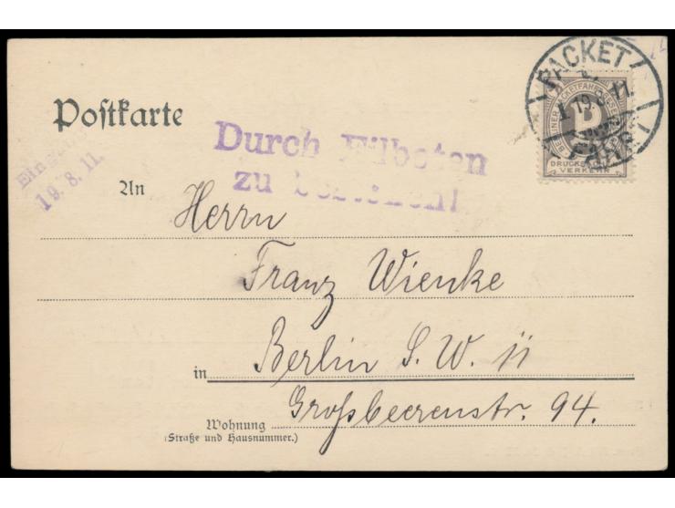 Berliner Packetfahrt-Gesellschaft,  Marke für den Drucksachenverkehr ohne Wertangabe in grau (MiNr 86) auf Karte der Berliner