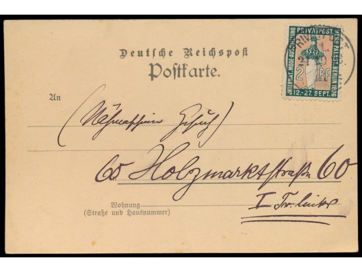 Berliner Privatpost und Spedition A. G.,   Sondermarke zur  Internat. Mode-Ausstellung im Meß-Palast  2 Pf. (MiNr. 5) auf Fir