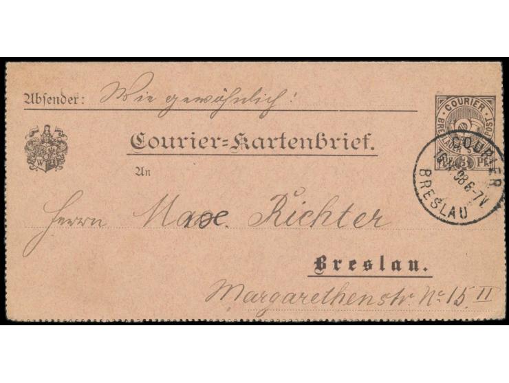 Breslau,  Courier: Kartenbrief 3 Pf. mit Stempel Courier Breslau 16.9.98, Bedarf, Müller K3
Stichwort: Schlesien
