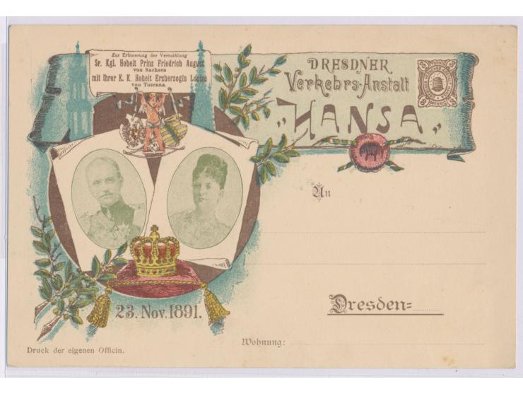 Dresden, &nbsp;&nbsp;Hansa: &nbsp;Sonderganzsache 3 Pf. anlässlich der Vermählung des sächsischen Thronfolgers, Müller P 50 a
