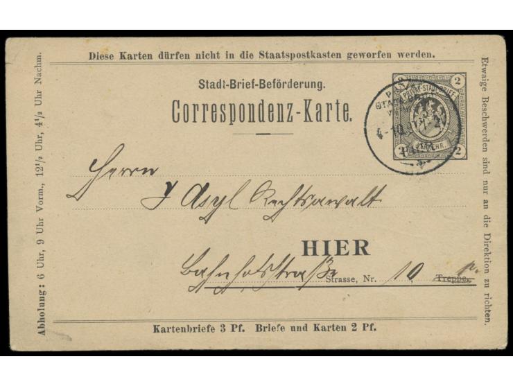 Fürth, &nbsp;Privat-Stadt-Brief-Verkehr: Ganzsache 2 Pf. (Müller P 2), Stempel 4.10.97, Bedarf
Postleitzahl: 907
