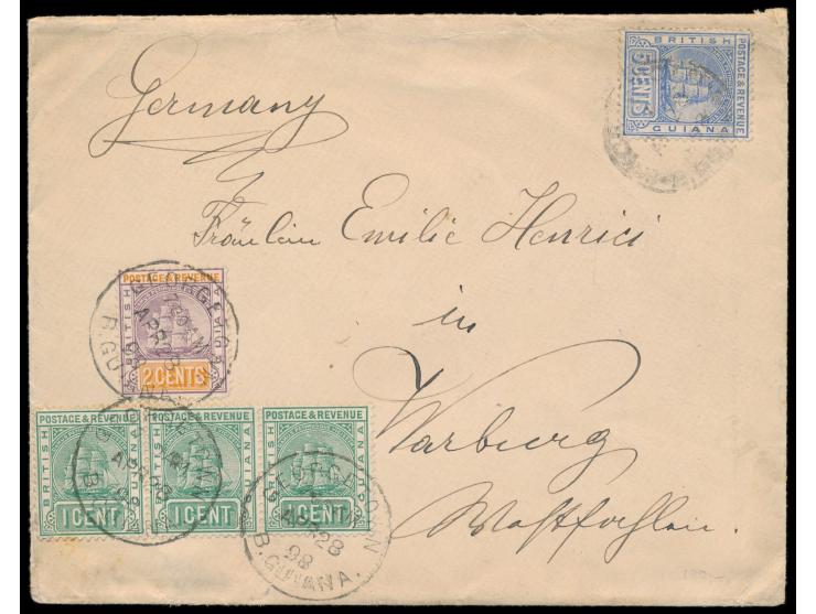 British Guiana,  3x 1 Ct., 2 Ct. und 5 Ct. auf Brief nach Deutschland, Stempel  Georgetown  28.4.98, Ankunftsstempel Warburg 
