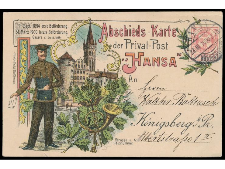 Königsberg,  Hansa-Abschiedskarte 3 Pf., Müller P 11, Stempel Hansa / Königsberg i Pr 23.3.1900
Stichwort: RPD Danzig und Kön