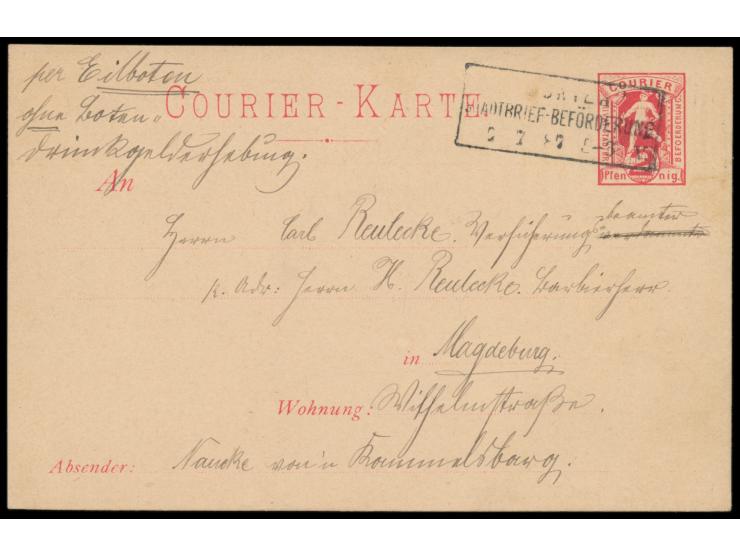 Magdeburg, Courier:  Ganzsache mit Wertstempel "Mercur über Weltkugel" 2 Pf., Müller P 4, Stempel 9.7.1887, Bedarf
Postleitza
