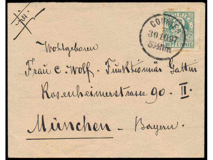 München,  Courier-Marke  10 Pf. grün  (gering fleckig) als Einzelfrankatur auf Brief mit Stempel Courier 30.10.97, auf Brief 