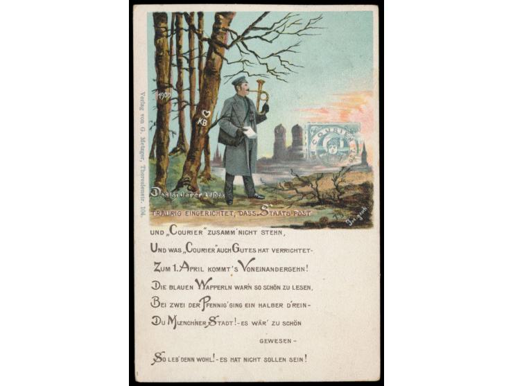 München,  Courier-Marke 1 1/2 Pf. auf mehrfarbiger  Abschieds-Ansichtskarte , Verlag G. Metzger, Müller PF 2,  Letzttagsstemp