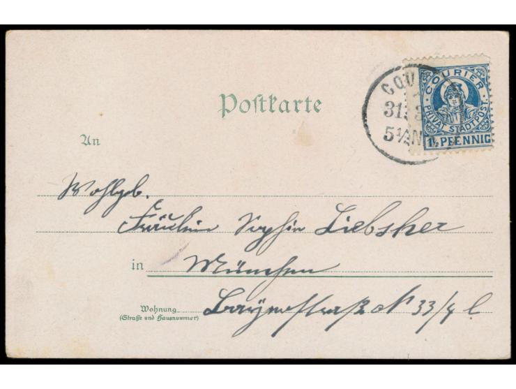 München,  Courier-Marke 1 1/2 Pf. auf mehrfarbiger  Abschieds-Ansichtskarte , Verlag G. Metzger, Müller PF 2,  Letzttagsstemp