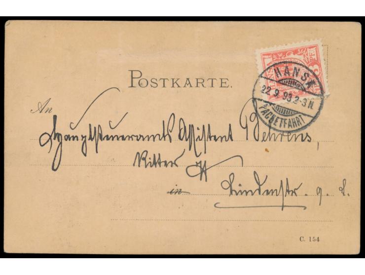 Posen,  Hansa-Marke 3 Pf. auf humorvoller Einladungskarte zu einem Skat-Abend, Stempel Hansa Packetfahrt 22.9.93, Bedarf
Stic