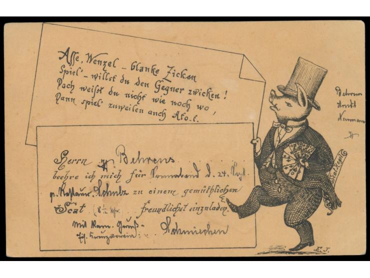 Posen,  Hansa-Marke 3 Pf. auf humorvoller Einladungskarte zu einem Skat-Abend, Stempel Hansa Packetfahrt 22.9.93, Bedarf
Stic