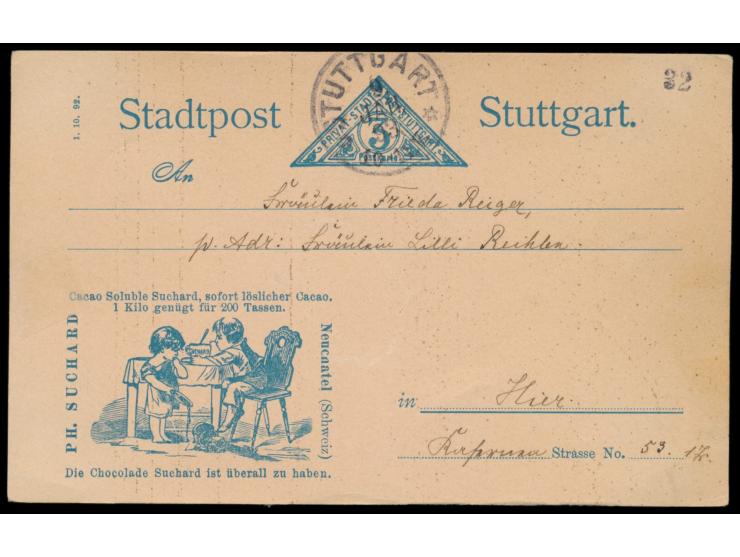 Stuttgart, Privat-Stadtpost,  Ganzsache 3 Pf. preußischblau mit Suchard-Reklame "Schokoladentopf gefallen", Horst Müller P 27