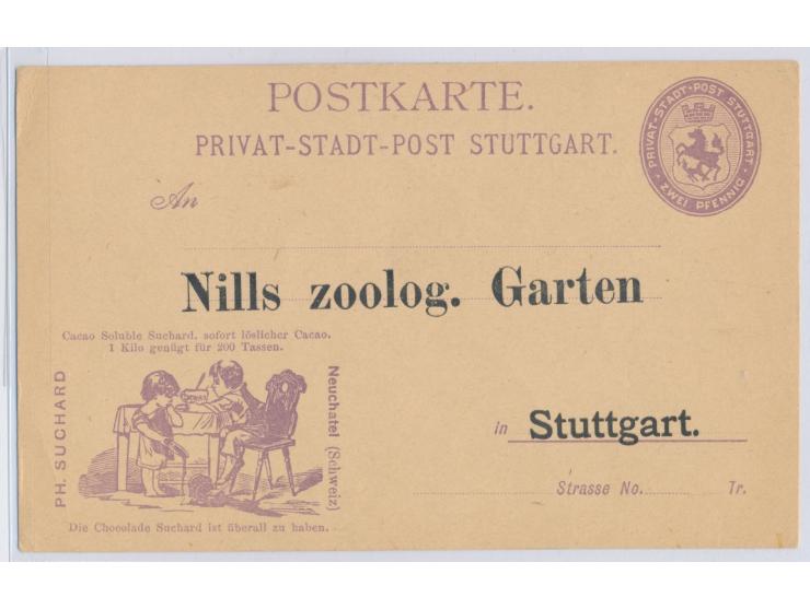 Stuttgart,  Privat-Stadtpost, Ganzsache 2 Pf. lila mit Suchard-Reklame (Bild Schokoladentopf gefallen) mit Textzudruck  "Nils