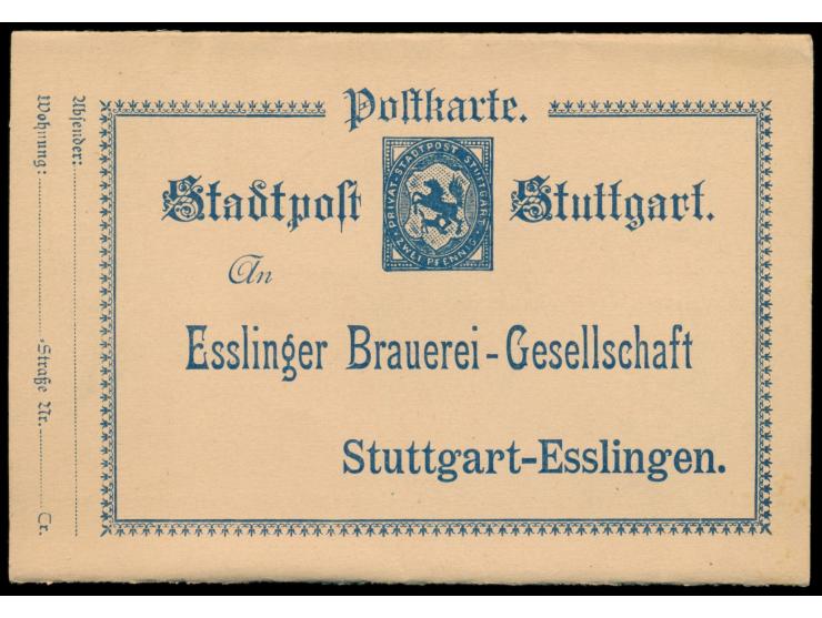 Stuttgart,  Privat-Stadtpost, Privatganzsache 2 Pf.  blau  der  Esslinger Brauerei-Gesellschaft,  Müller PP 29, kompletter  V