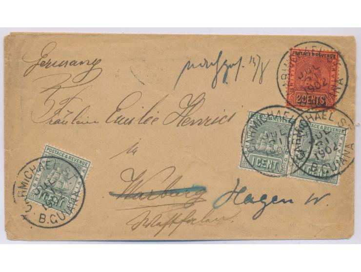 British Guiana,  3x 1 Ct. und 2 Ct. auf Brief nach Deutschland, Stempel  Carmichael St.  31.7.02, Ankunftstempel Warburg und 