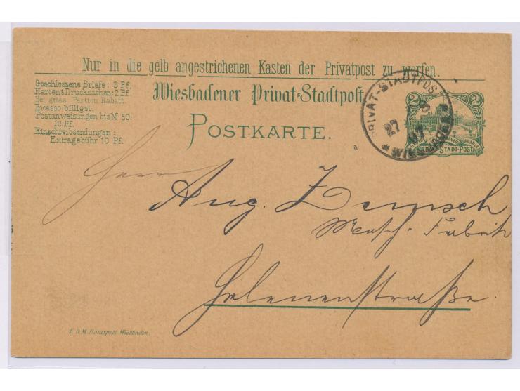 Wiesbaden,  Ganzsache mit Wertstempel Hoftheater 2 Pf. in grün, Müller P 21, Stempel Privat-Stadtpost Wiesbaden 27.8.97, Beda