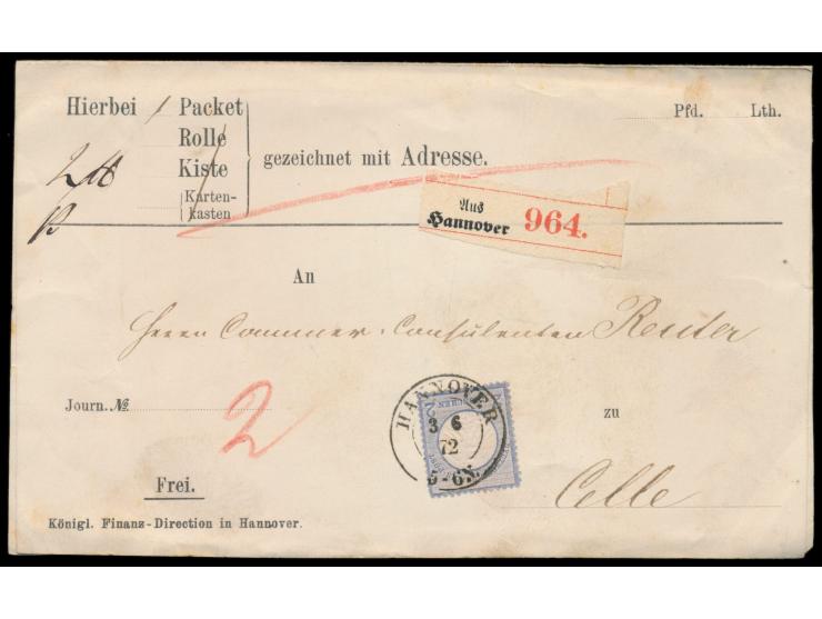 Einzelfrankatur 2 Gr. (zwei winzige, unauffällige Flecke) auf  Paketbegleitadresse  (Faltkarte) der Königl. Finanz-Direction 