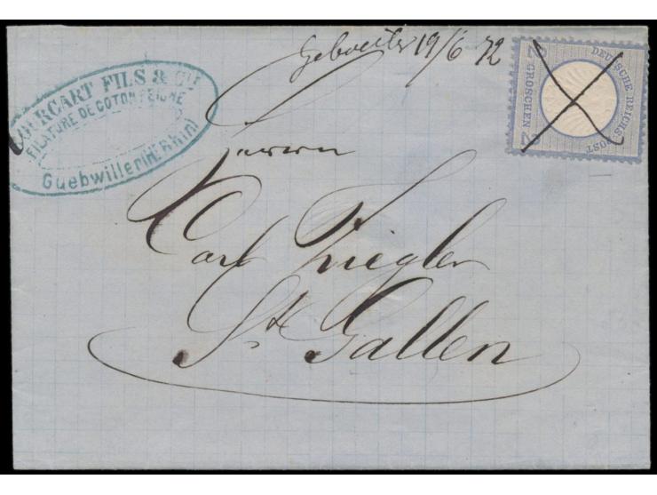 2 Gr kleiner Schild mit kreuzweiser  Federzugentwertung  und handschriftlichem Aufgabevermerk  "Gebweiler 19.6.72"  auf Faltb