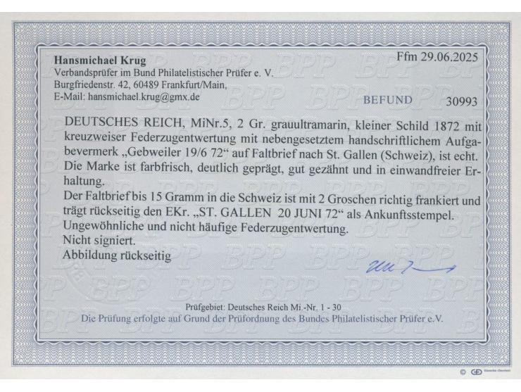 2 Gr kleiner Schild mit kreuzweiser  Federzugentwertung  und handschriftlichem Aufgabevermerk  "Gebweiler 19.6.72"  auf Faltb