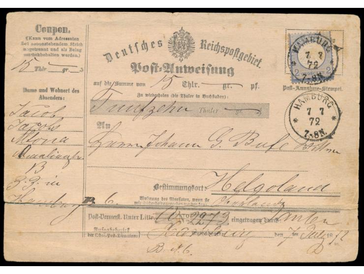 2 Gr. mit kleinem Brustschild (stockfleckig) auf &nbsp;Postanweisung &nbsp;auf 15 Thaler &nbsp;nach Helgoland, &nbsp;Stempel 