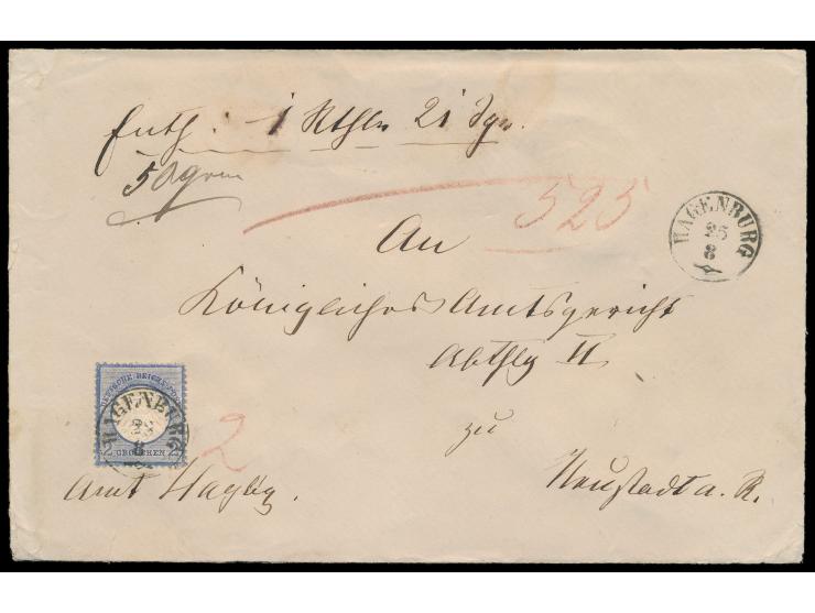 Einzelfrankatur 2 Gr. Kleiner Schild portorichtig auf  Wertbrief,  nachverwendeter Stempel Thurn und Taxis von  Hagenburg  25