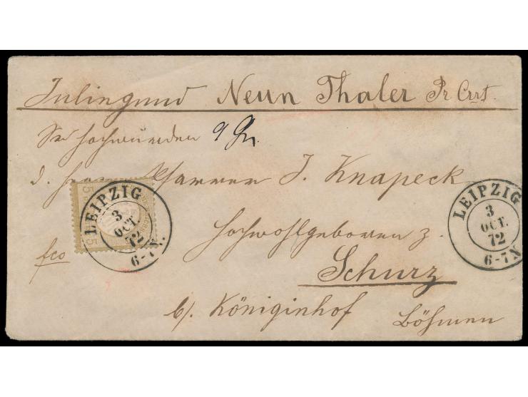 Einzelfrankatur  5 Gr. Kleiner Schild  portorichtig auf  Wertbrief über 9 Thaler nach Schurz in Böhmen, K2 Leipzig 3. Oct. 72