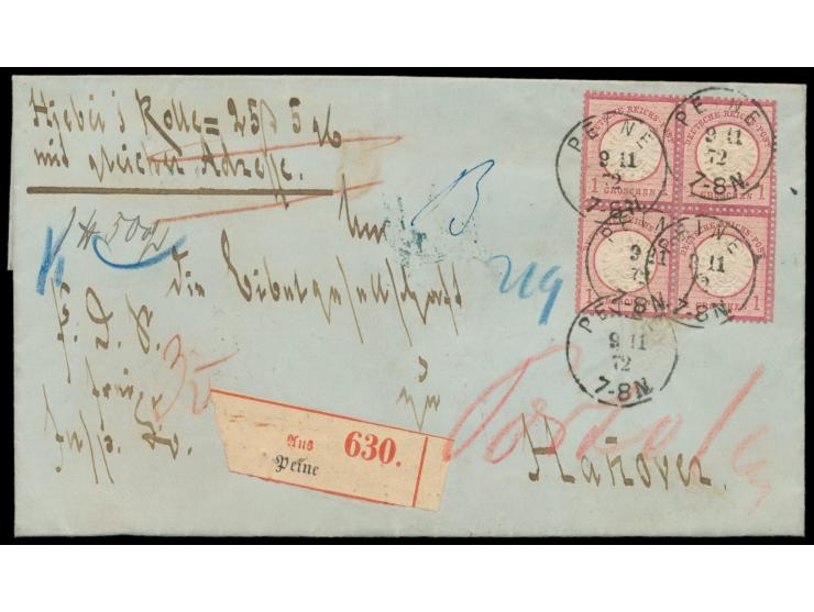 Viererblock 1 Gr.  (Marke unten rechts mit kleinem Ausriss) auf Paketbegleitbriefhülle, Stempel  Peine  9.11.72, nach Hannove