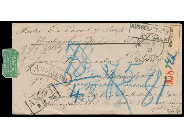 1/2 Gr. und Paar 2 Gr. rückseitig auf Nachnahme-Paketbegleitbrief mit K1 Magdeburg 2.12.72 nach Helmstedt, Ankunftsstempel 3.