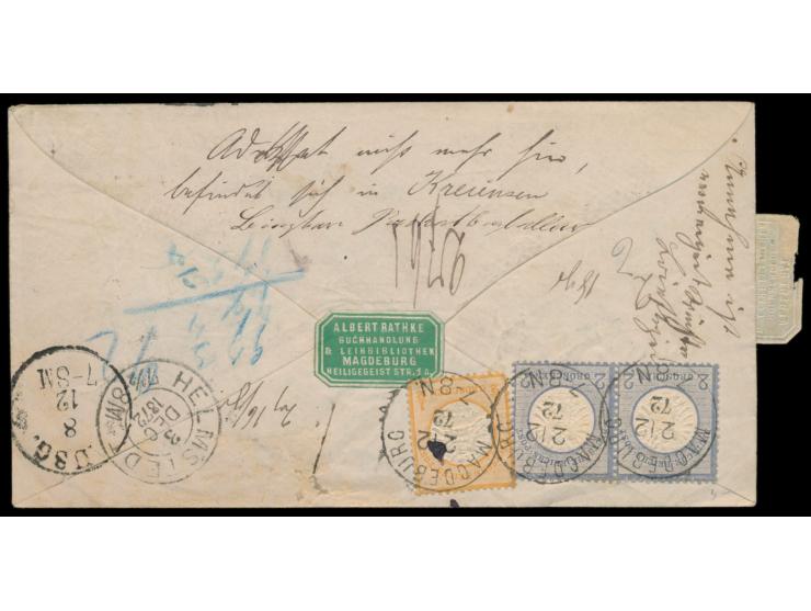 1/2 Gr. und Paar 2 Gr. rückseitig auf Nachnahme-Paketbegleitbrief mit K1 Magdeburg 2.12.72 nach Helmstedt, Ankunftsstempel 3.