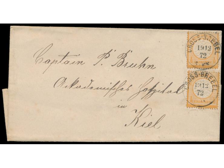 2 x 1/2 Gr. auf Faltbriefhülle mit weiterverwendetem  Schleswig-Holstein-K1 Gross-Brebel  19.12.72 nach Kiel, zwei zentrische