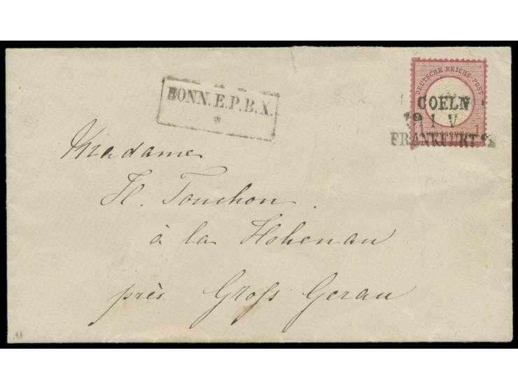 1 Gr mit  Zahnbrücke  links (oben und unten) auf Brief nach Hohenau bei Groß Gerau, Bahnpost-Z3 Coeln - Frankfurt a. M. 19.1.