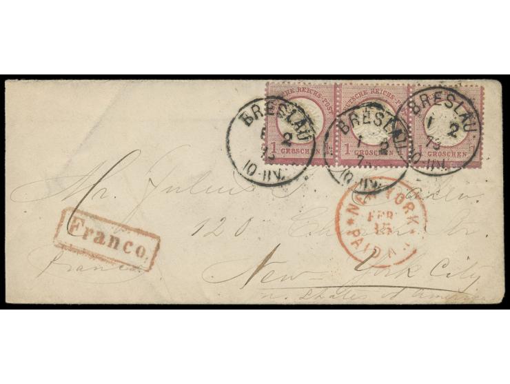 1 Gr. Großer Schild  Dreierstreifen  auf Auslandsbrief Breslau 1.2.73  nach USA,  roter R12 Franco, Ankunftstempel New York P