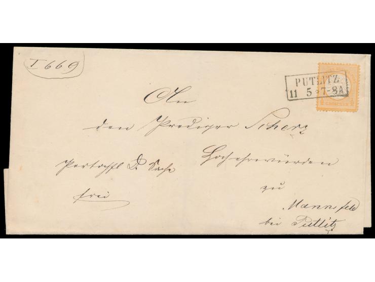 Einzelfrankatur 1/2 Gr auf Brief in den eigenen Landzustellbereich (Faltbriefhülle), Preußen-R2  Putlitz,  nach Mannsfeld bei