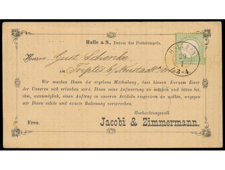 1/3 Gr. (kleine Marke und Spuren des Nagelkopfes im Schild) auf dekorativer Vertreterkarte, Zweikreisstempel  Halle A /S..  2