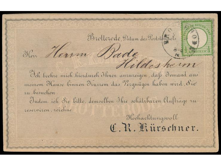 1/3 Gr mit Thurn- &amp; Taxis-Stempel &nbsp;Brotterode &nbsp;2.9.73 auf dekorativ gestalteter Drucksachenkarte (Reise-Avis) d