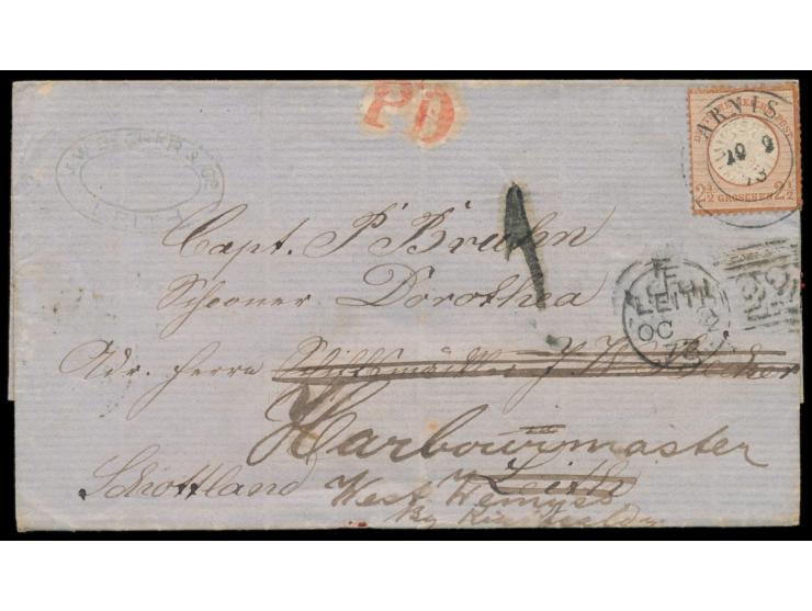 Einzelfrankatur 2 1/2 Gr. &nbsp;(Zähnung rechts wegen Randklebung minimal bestoßen) auf Faltbriefhülle nach Leith in Schottla