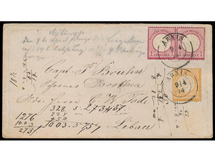 1/2 Gr. und Paar 1 Gr. auf Brief  nach Libau / Russland,  weiterverwendeter Schleswig-Holstein-K2  Arnis  9.4.74, Ankunftsste
