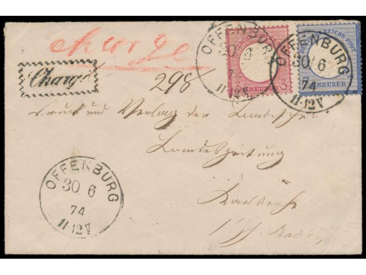 3 und 7 Kr. Großer Schild auf Einschreibbrief, R1  Chargé Zackenrand,  K1 Offenburg 30.6.74, Ausgabestempel Karlsruhe, 3 Kr. 