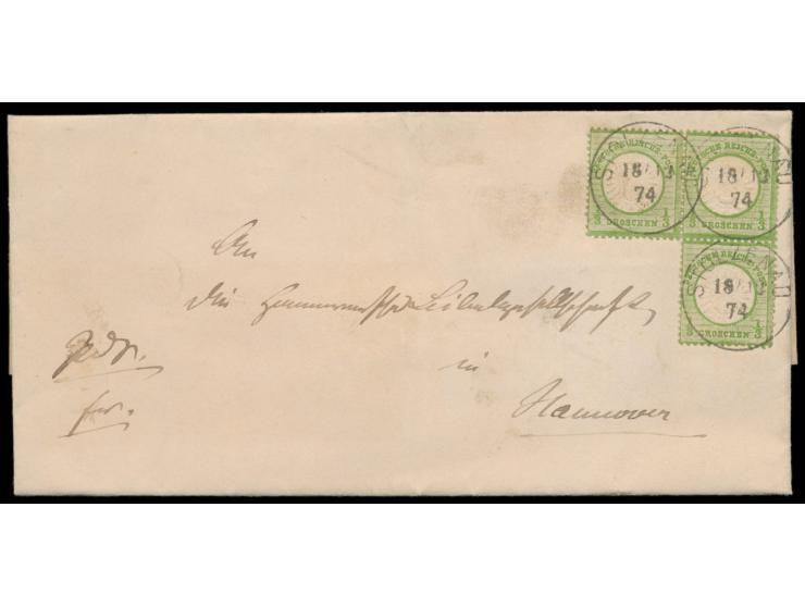 3 x 1/3 Gr. zusammenhängend als Block auf Faltbriefhülle, Stempel  Stolzenau  18.12.74, nach Hannover, Ankunftstempel vom gle