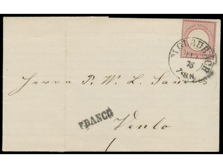 1 Gr. Großer Schild auf Briefhülle M. Gladbach 11.1.75 nach Venlo, Z1 Franco,  als 10 Pfg.  verwendet im  Grenzrayon nach den