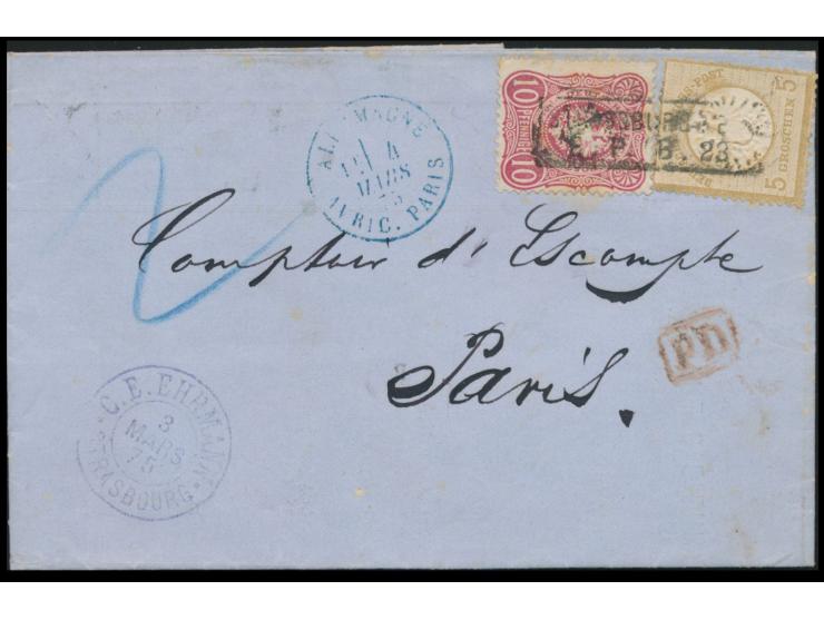 Währungs-Mischfrankatur  5 Gr.  mit  10 Pfe.  auf Faltbrief nach Paris, Rahmenstempel  Strassburg E. P. B. 23  ohne Datum, rü