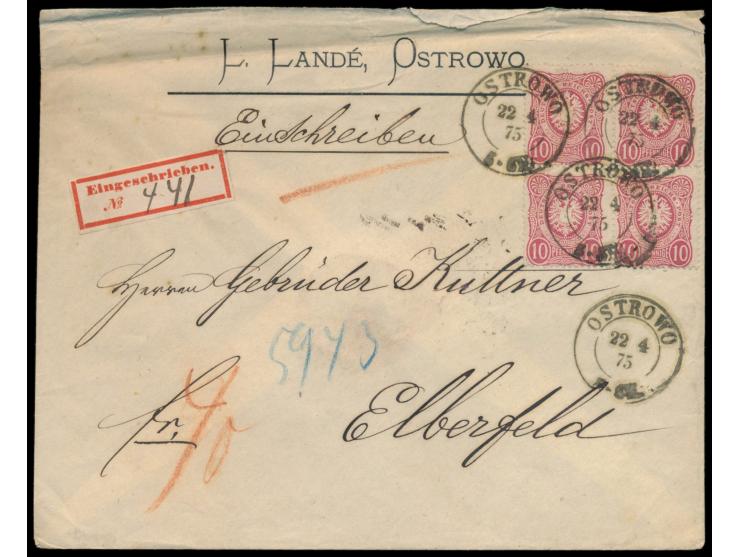 Viererblock 10 Pfe.  auf Einschreibbrief 2. Gewicht, Preußen-K2  Ostrowo  22.4.75, 1. R-Zettel "Eingeschrieben No.", nach Elb