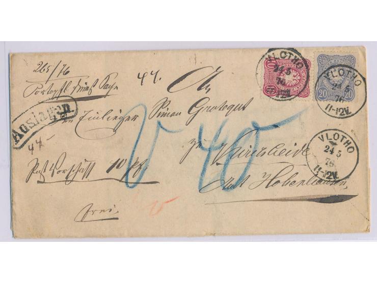 10 Pfe. und 20 Pfe. auf  Auslagen-Faltbriefhülle  mit Stempel  Vlotho  24.5.75, Stempel Auslagen, handschriftlich "V 40"
Stic