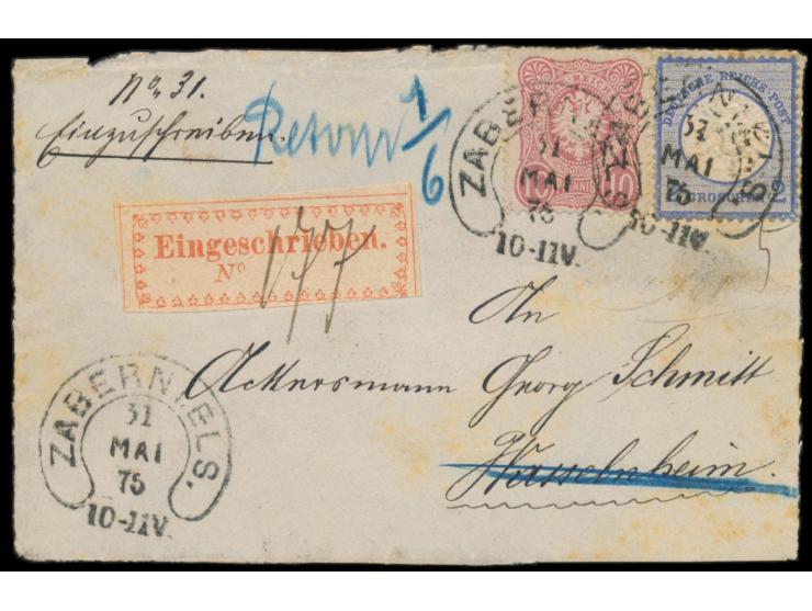 Mischfrankatur 2 Gr. Großer Schild  mit 10 Pfge.  auf R-Brief-Vorderseite, Hufeisenstempel Zabern i. Els. 31,5.75,  Versuchs-